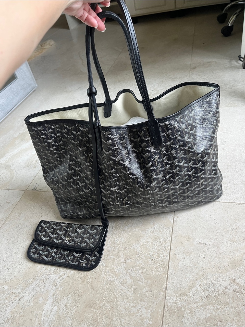Beautiful Large Black Patterned Tote Bag with Removable Pouch